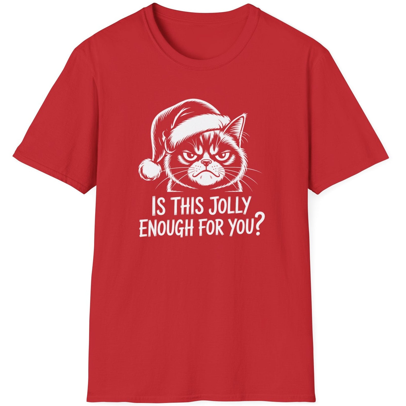 Funny Grumpy Cat Christmas Short Sleeve Shirt with text "Is This Jolly Enough For You" - Red