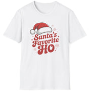 White graphic t-shirt with the phrase Santa's Favorite HO funny christmas sweater