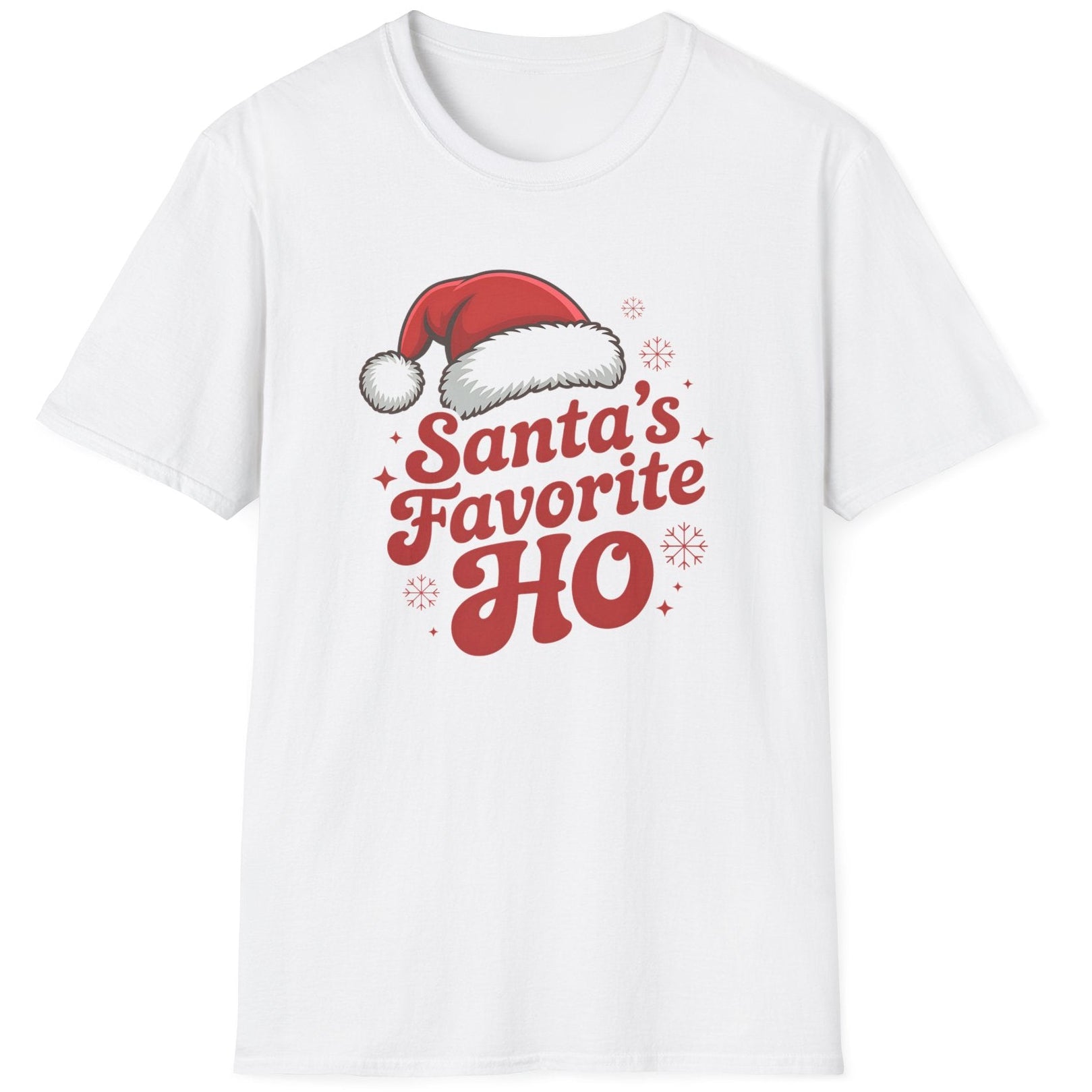 White graphic t-shirt with the phrase Santa's Favorite HO funny christmas sweater
