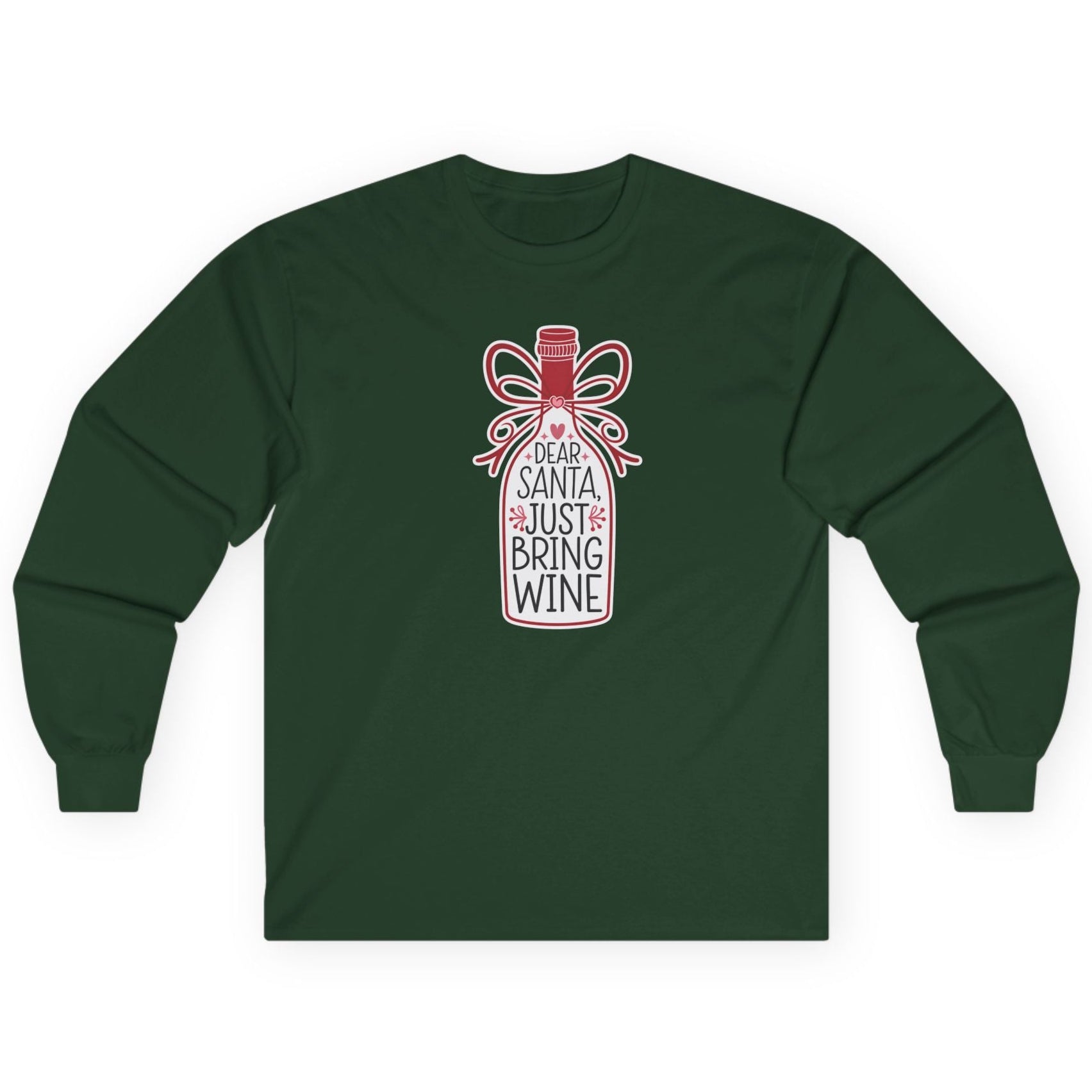 Green long-sleeve shirt with a festive design on a white background