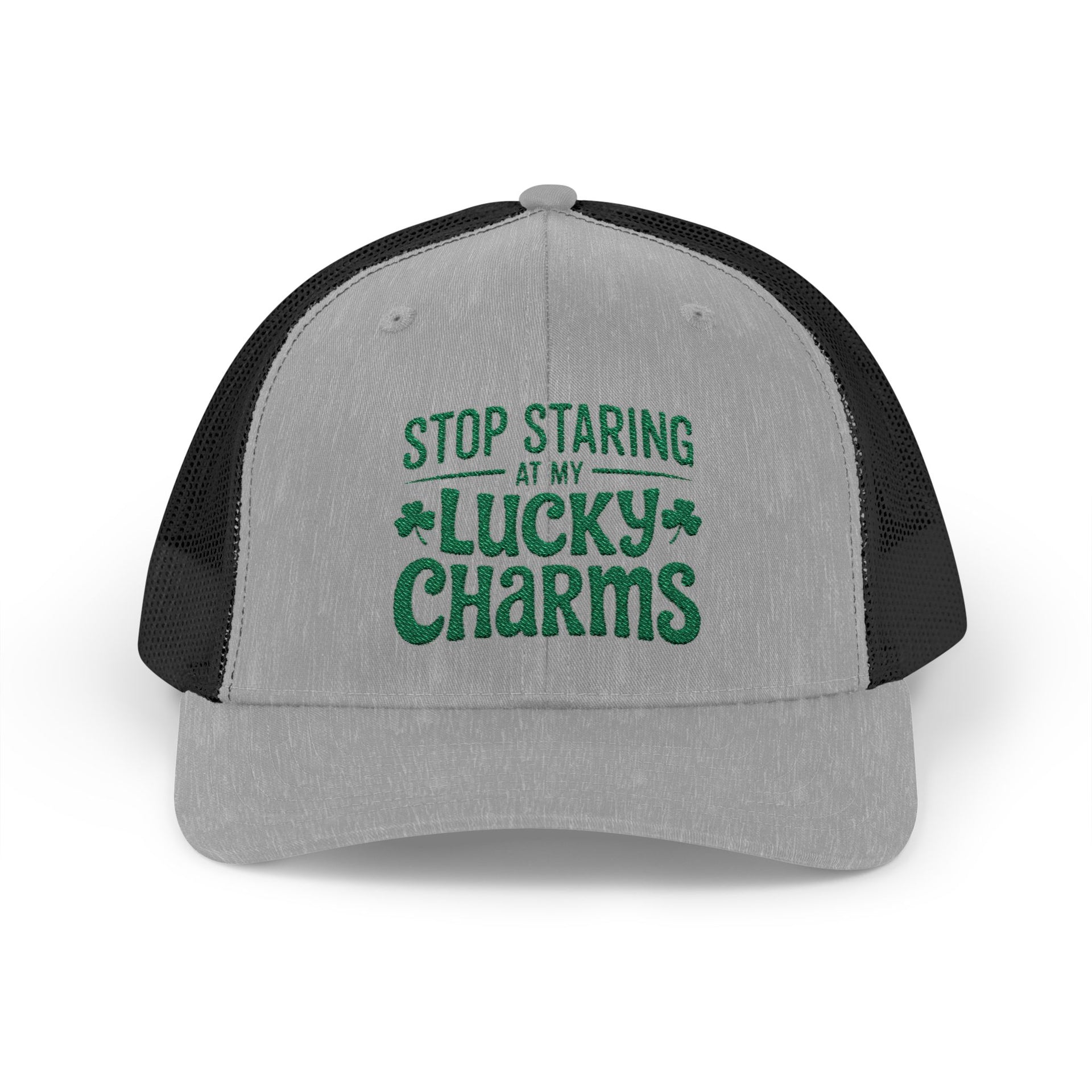 a gray and black curved trucker hat with the phrase Stop Staring at My Lucky Charms funny St Patricks Day pub crawl or parade design
