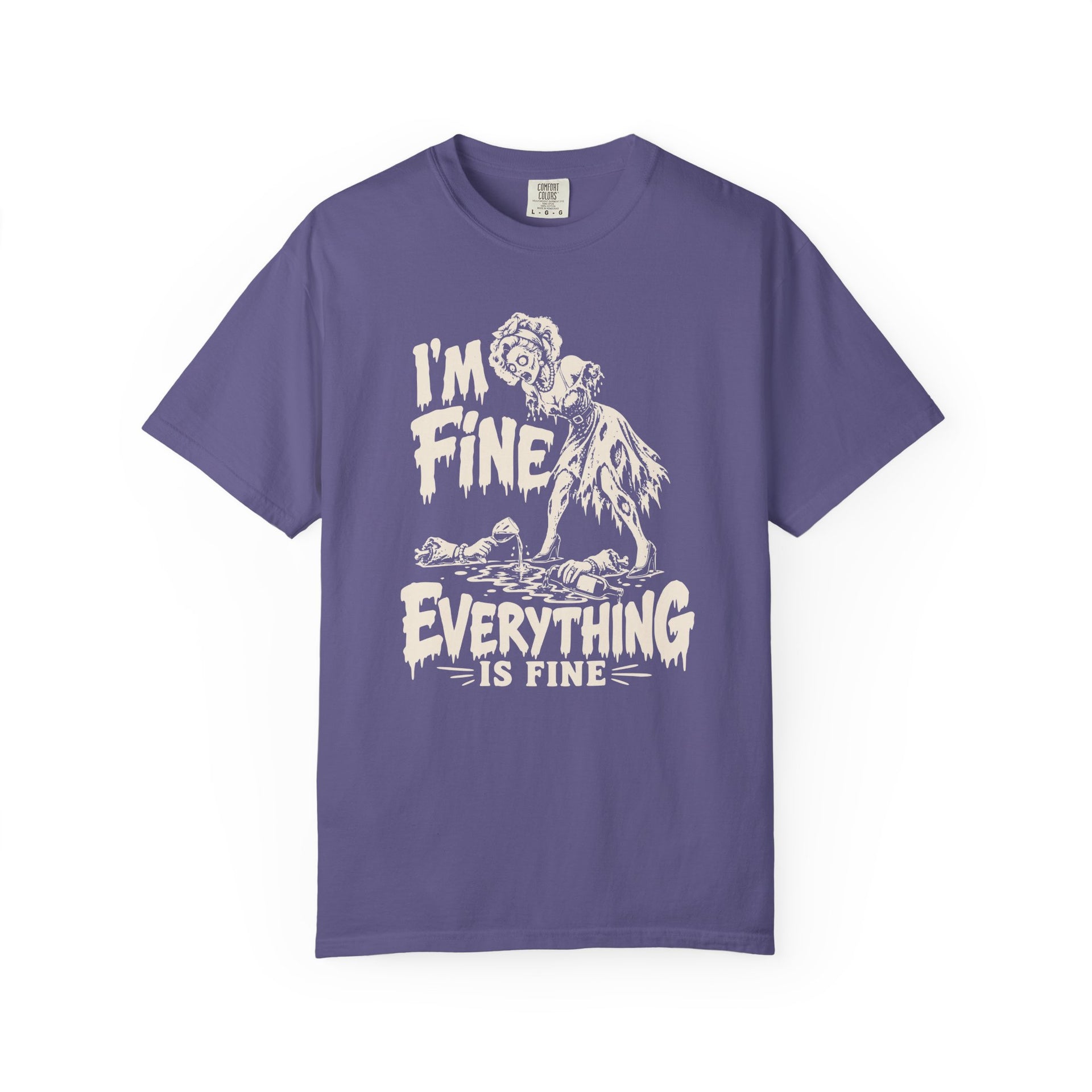 A purple short-sleeve crewneck t-shirt with a white graphic print on the front. The graphic features a zombie-like creature and the text 'I'M FINE' above and 'EVERYTHING IS FINE' below.
