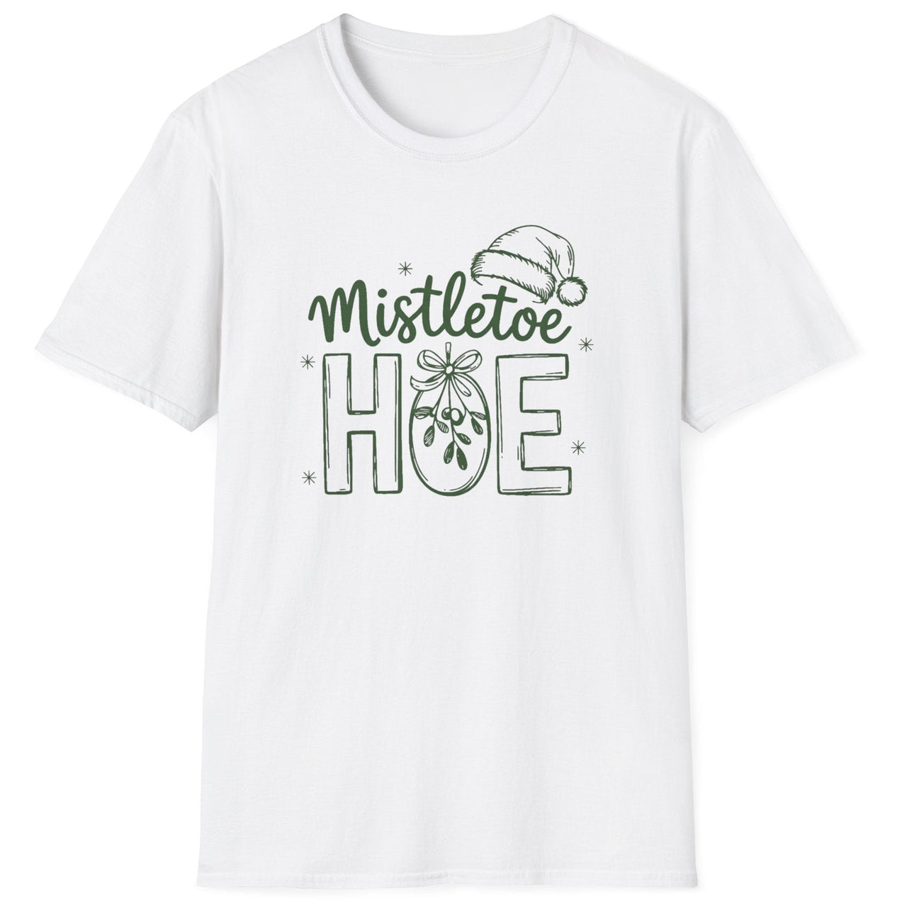 Funny Christmas Humor Short Sleeve Shirt with mistletoe and a santa hat and the text and the text "Mistletoe Hoe" - White