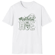 Funny Christmas Humor Short Sleeve Shirt with mistletoe and a santa hat and the text and the text "Mistletoe Hoe" - White
