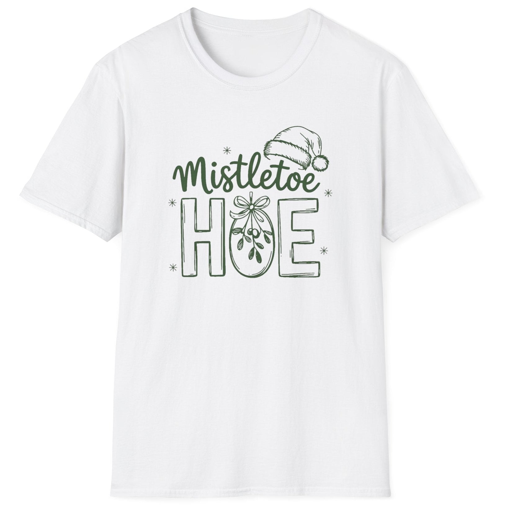 Funny Christmas Humor Short Sleeve Shirt with mistletoe and a santa hat and the text and the text "Mistletoe Hoe" - White