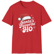 Red graphic t-shirt with the phrase Santa's Favorite HO funny christmas sweater