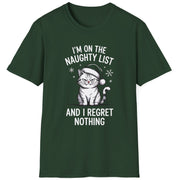 Green t-shirt with a grumpy cat graphic and the phrase im on the naughty list and i regret nothing funny christmas sweater