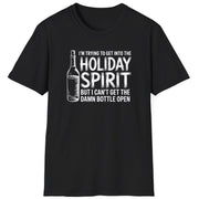 Funny Christmas Drinking Humor Short Sleeve Shirt with a Wine Bottle and the text "I'm Trying to get into the Holiday Spirit but I cant get the Bottle Open" - Black