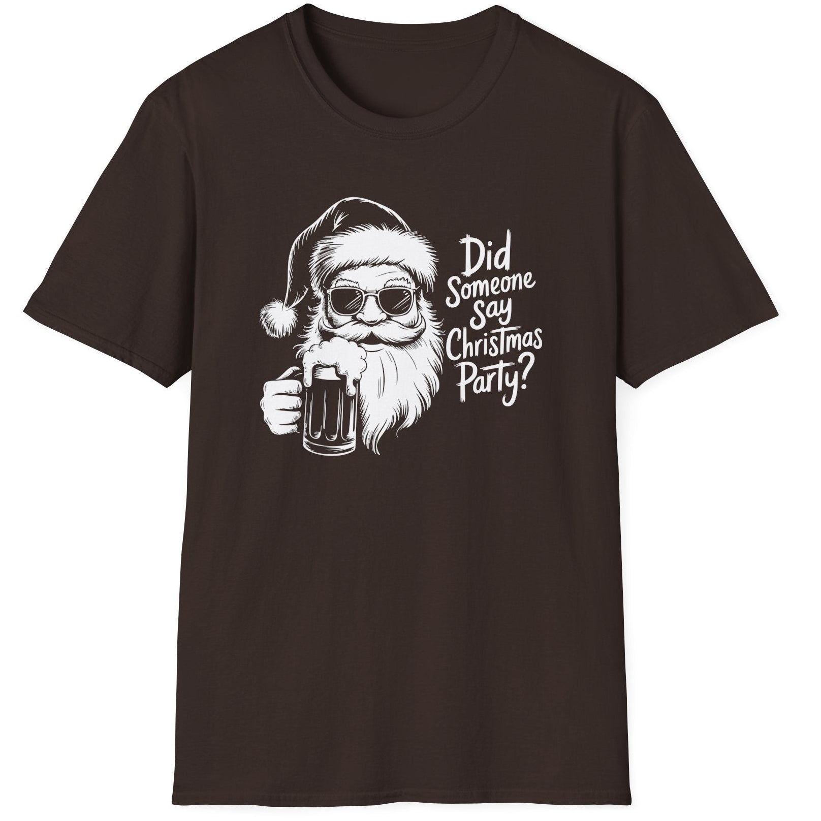 Funny Christmas Drinking Humor Short Sleeve Shirt with a Santa drinking a mug of Beer and the text "Did Someone Say Christmas Party" - Dark Chocolate