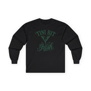 black long sleeve shirt with 'Tini Bit Irish' text funny st patricks day design