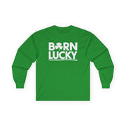 green long-sleeve shirt with 'Born Lucky' text funny st patricks day design