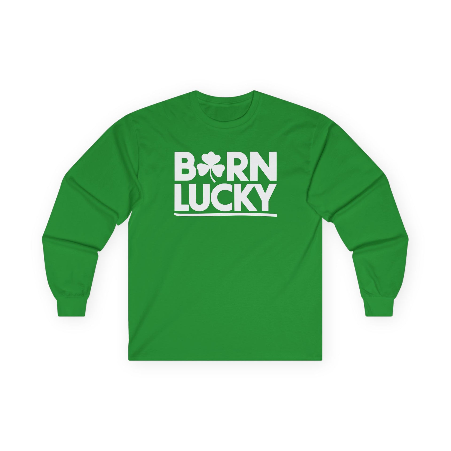 green long-sleeve shirt with 'Born Lucky' text funny st patricks day design
