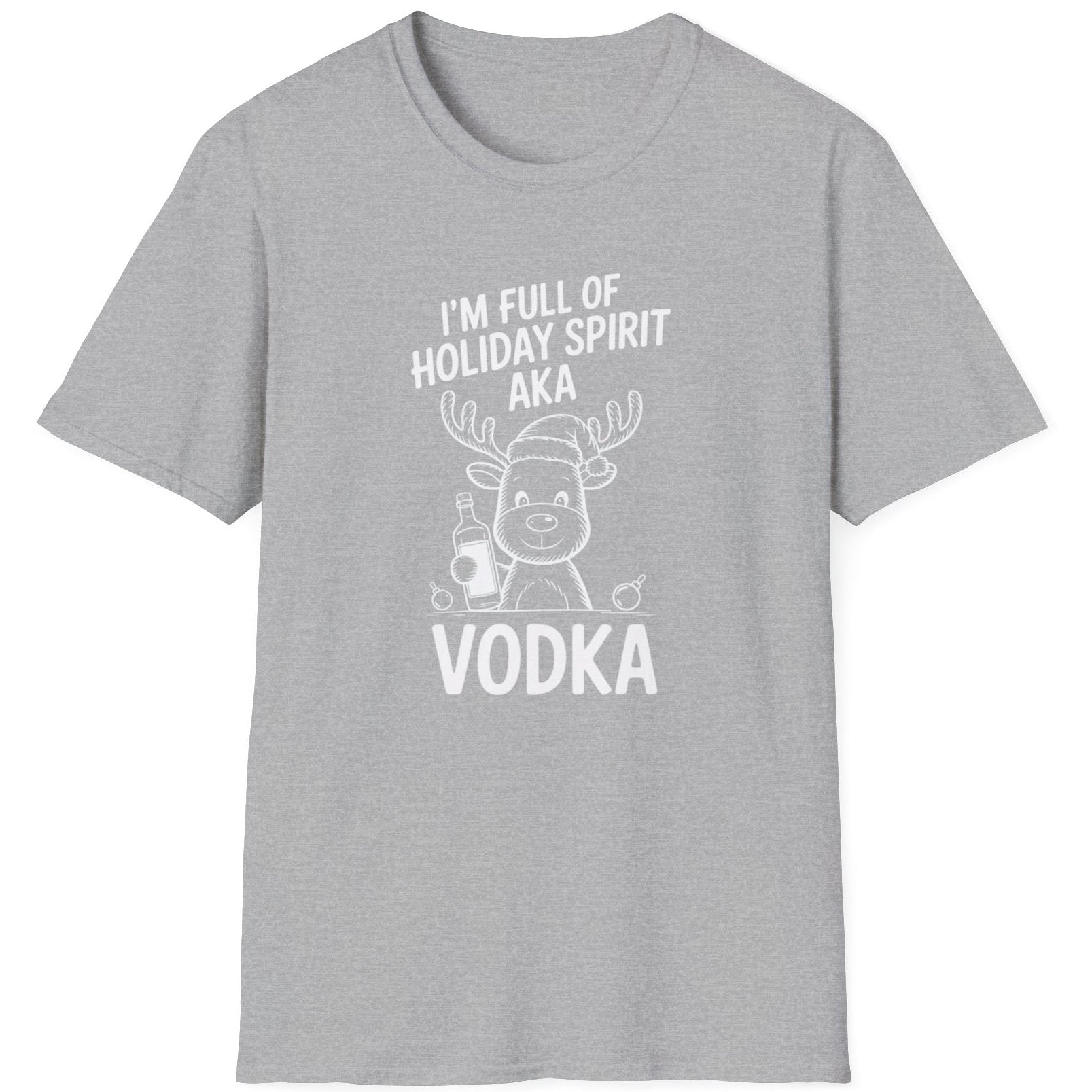 Gray t-shirt with a reindeer graphic and the text i'm full of holiday spirit aka vodka funny christmas sweater