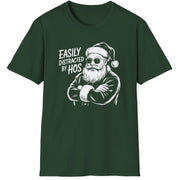 Funny Christmas Humor Short Sleeve Shirt with santa arms corssed and the text and the text "Easily Distracted By Hos" - Forest Green