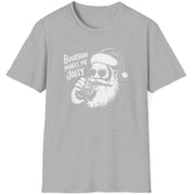 Funny Christmas Humor Short Sleeve Shirt with Santa drinking bourbon and the text "Bourbon Makes Me Jolly" - Sport Grey
