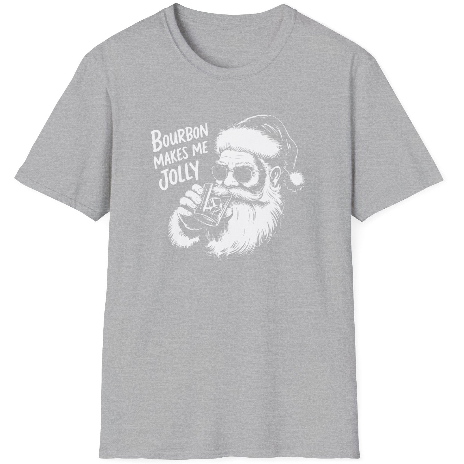 Funny Christmas Humor Short Sleeve Shirt with Santa drinking bourbon and the text "Bourbon Makes Me Jolly" - Sport Grey
