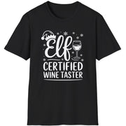 Funny Christmas Humor Short Sleeve Shirt with wine glass and elf hat and the text and the text Elf Certified Wine Taster - Black