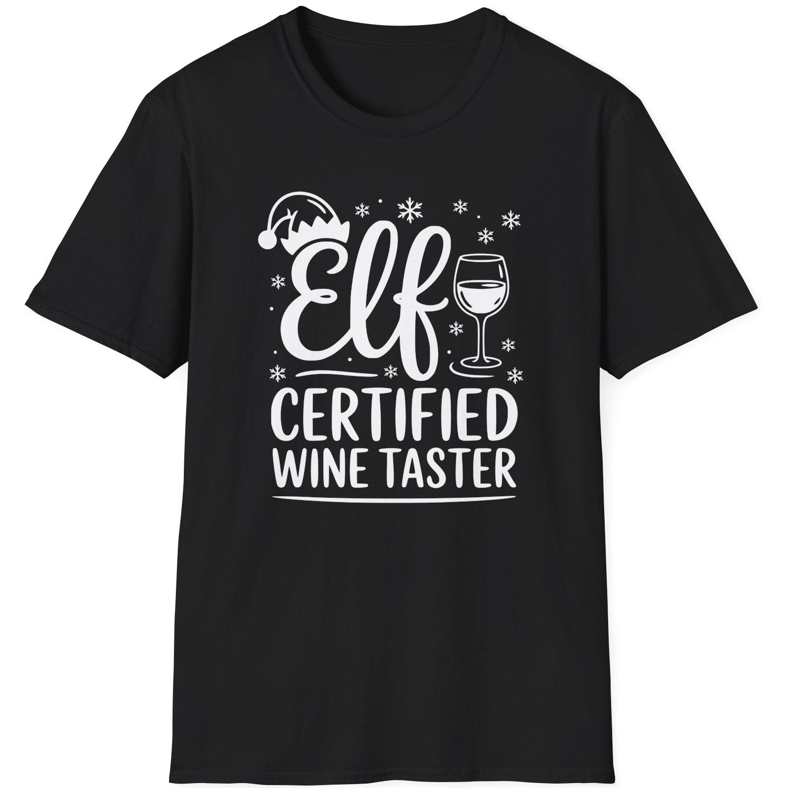 Funny Christmas Humor Short Sleeve Shirt with wine glass and elf hat and the text and the text Elf Certified Wine Taster - Black