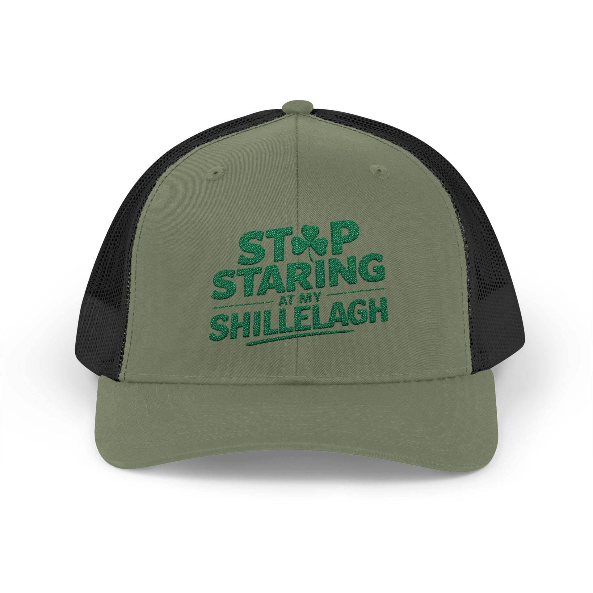 a green and black curved trucker hat with the phrase "Stop Staring at my Shillelagh" funny St Patricks Day pub crawl or parade design