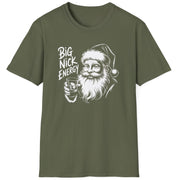 Funny Christmas Drinking  Short Sleeve Shirt with Santa drinking from a whiskey glass and the text "Big Nick Energy" - Military Green