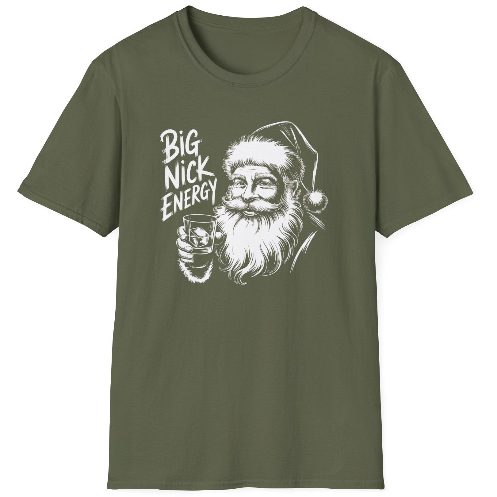 Funny Christmas Drinking  Short Sleeve Shirt with Santa drinking from a whiskey glass and the text "Big Nick Energy" - Military Green