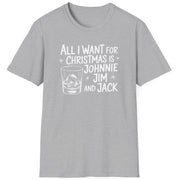 Funny Christmas Drinking Short Sleeve Shirt with a whiskey glass and the text "All I Want for Christmas is Johnnie, Jim, and Jack" - Sport Grey