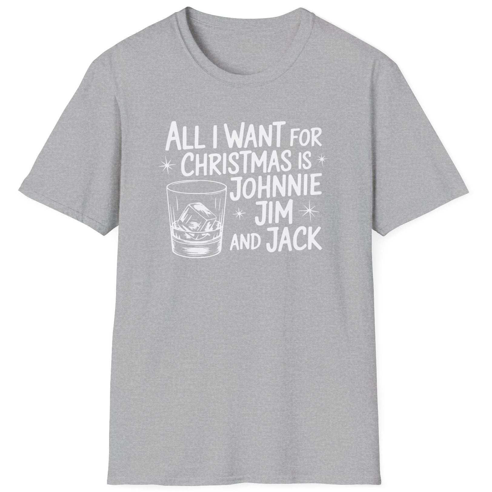 Funny Christmas Drinking Short Sleeve Shirt with a whiskey glass and the text "All I Want for Christmas is Johnnie, Jim, and Jack" - Sport Grey