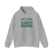 grey hoodie with the phrase stop staring at my lucky charms funny st patricks day design