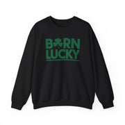 black sweatshirt with 'Born Lucky' text and green clover funny st patricks design