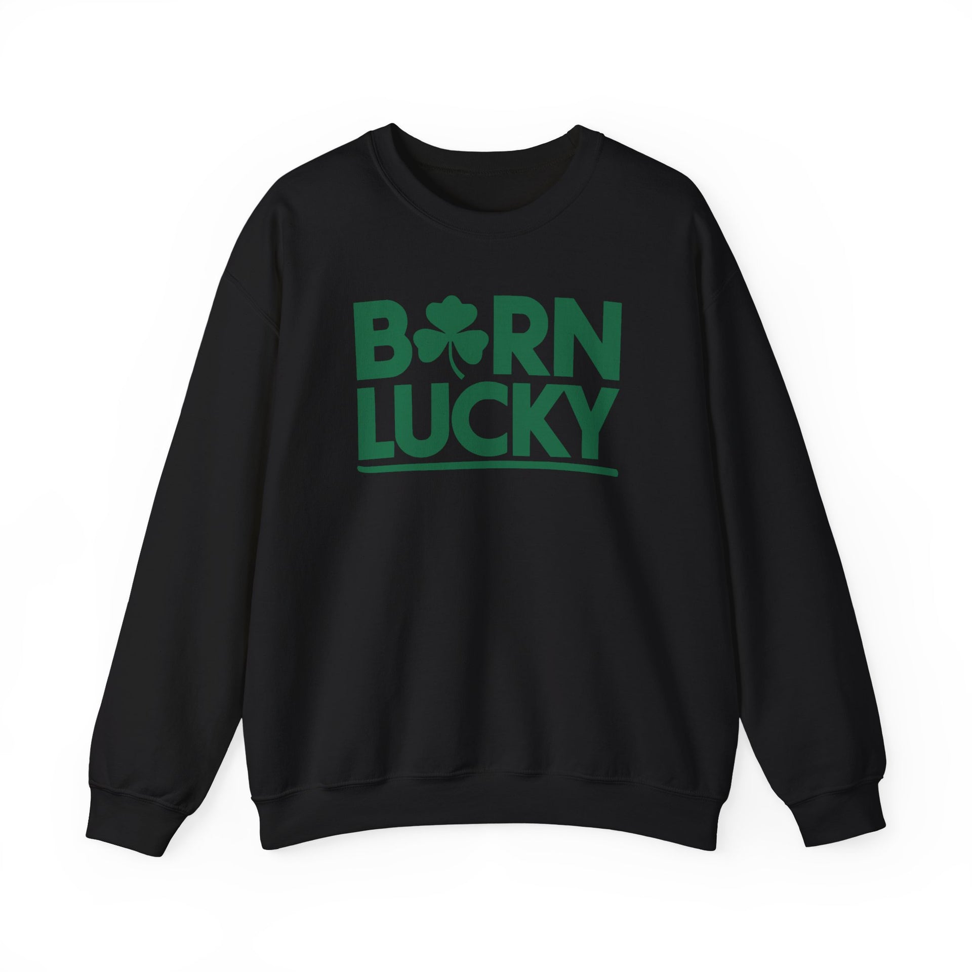 black sweatshirt with 'Born Lucky' text and green clover funny st patricks design