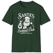 Funny Christmas Drinking  Short Sleeve Shirt with Santa drinking a cocktail and the text " Santa's Cocktail Club Serving Hos since 1492" - Forest Green