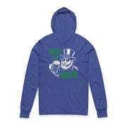 a royal blue lightweight hoodie with a leprechaun graphic and the phrase irish I had More Beer funny St Patricks Day pub crawl and Parade design