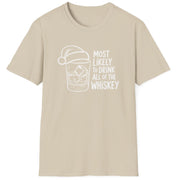 Funny Christmas Drinking Humor Short Sleeve Shirt with a whiskey glass with a santa hat and the text "Most Likely to Drink All of the Whiskey" - Sand