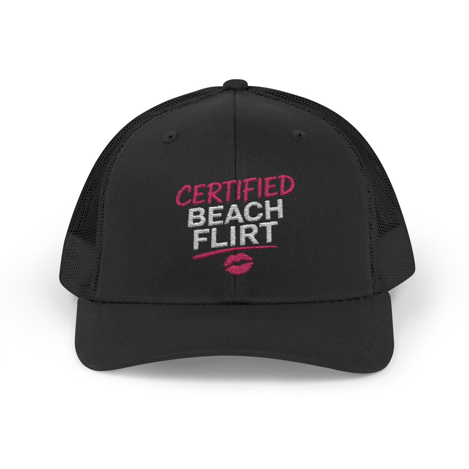 a black trucker hat with 'Certified Beach Flirt' text funny spring break, girls trip beach trip, bachelorette party design