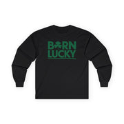black long-sleeve shirt with 'Born Lucky' text funny st patricks day design