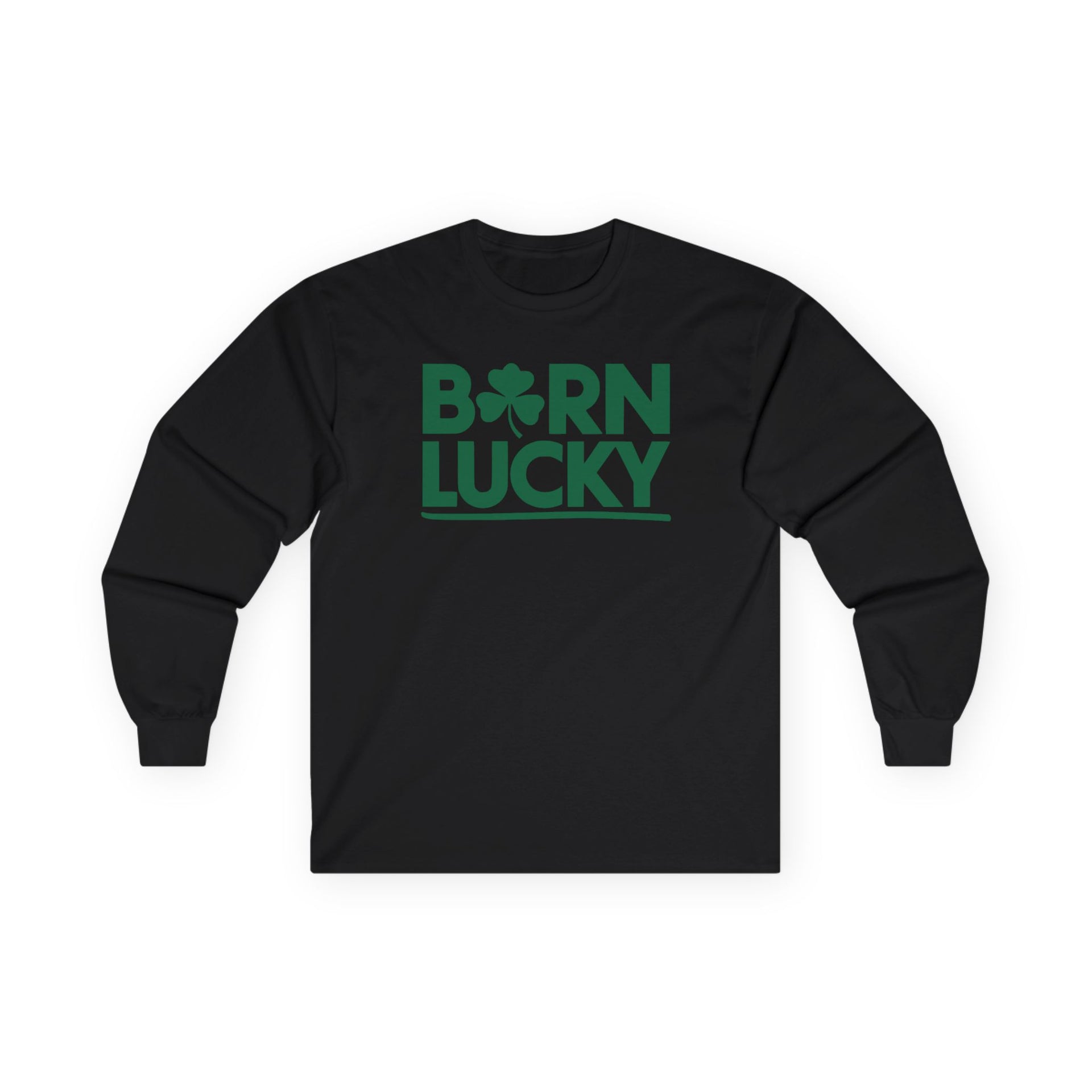 black long-sleeve shirt with 'Born Lucky' text funny st patricks day design