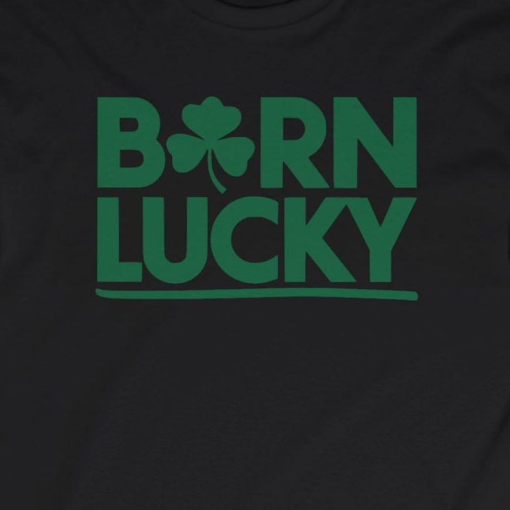 black long-sleeve shirt with 'Born Lucky' text funny st patricks day design