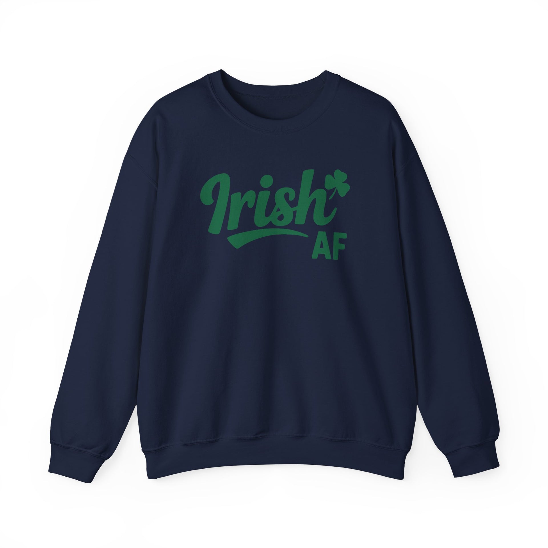 Navy sweatshirt with 'Irish AF' text funny St patricks day design
