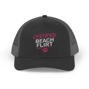 a black and gray trucker hat with 'Certified Beach Flirt' text funny spring break, girls trip beach trip, bachelorette party design