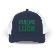 a navy and white curved bill trucker hat with 'Rub Me for Luck' text funny st patricks day pub crawl design