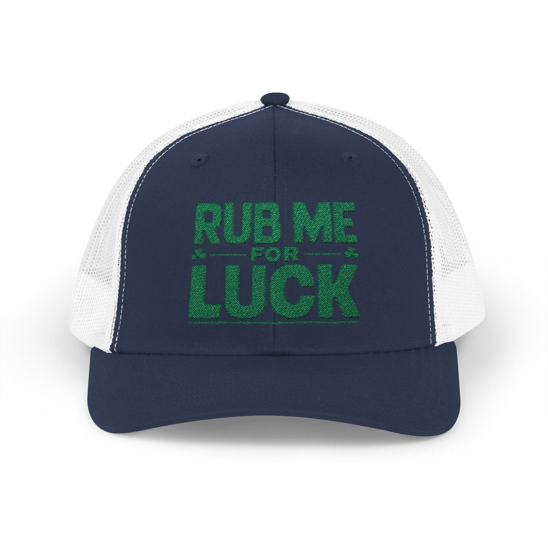 a navy and white curved bill trucker hat with 'Rub Me for Luck' text funny st patricks day pub crawl design