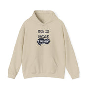 a beige hoodie with text 'Mom is out of order find dad' funny mother's day, mom life, girls trip design