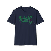 navy t-shirt with the phrase 'Irish AF' i funny st patricks day design