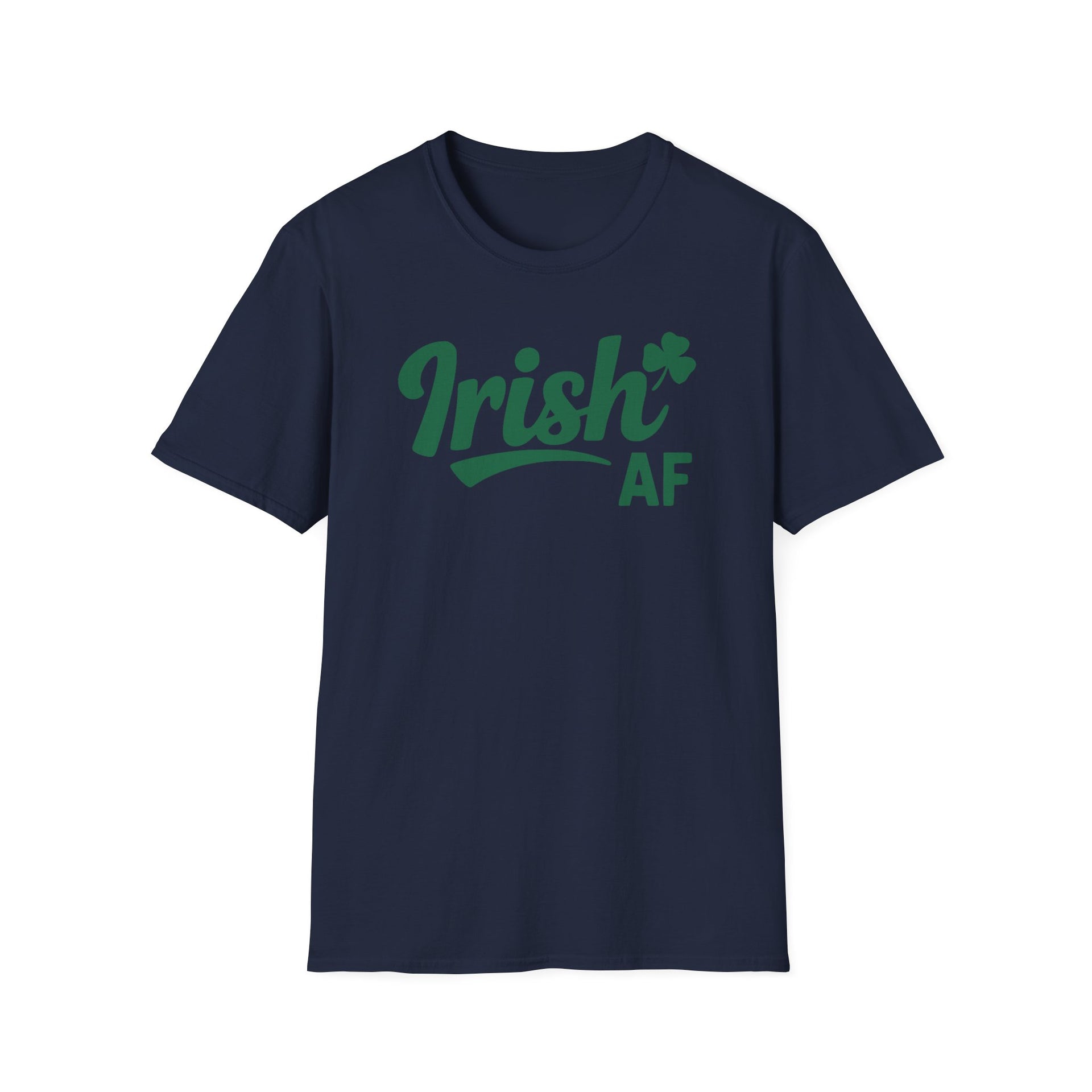 navy t-shirt with the phrase 'Irish AF' i funny st patricks day design