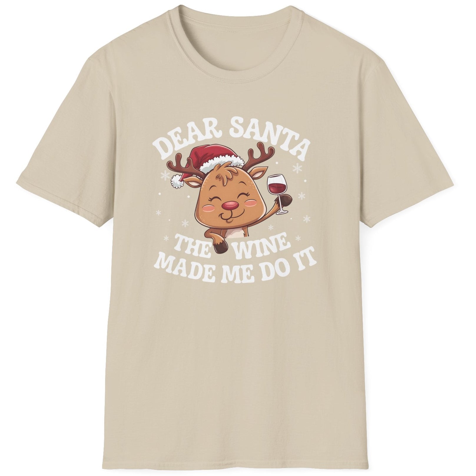 Funny Christmas Short Sleeve Shirt with  a cute reindeer drinking wine and the text "Dear Santa the Wine Made Me Do It" - Sand