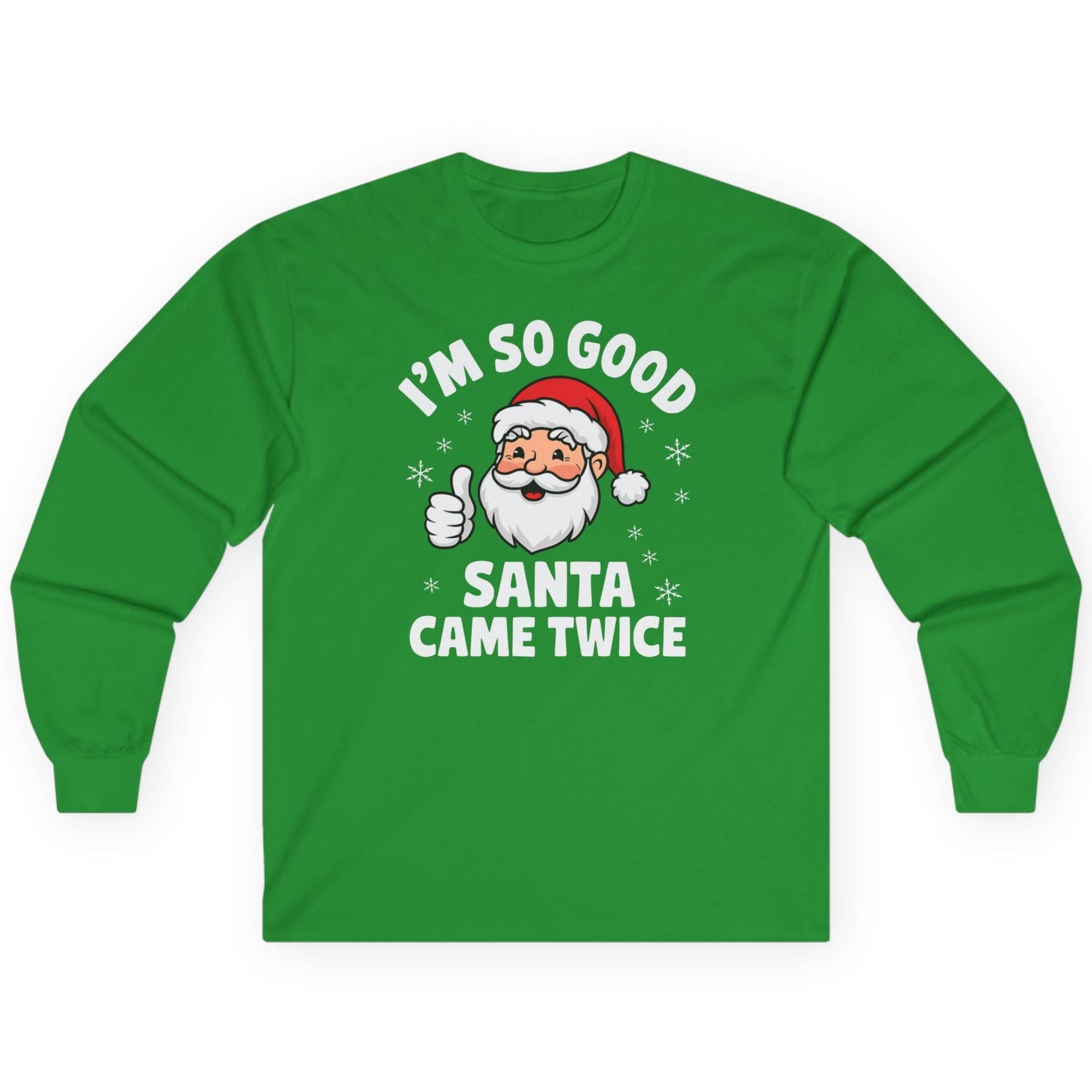 Green long-sleeve shirt with Santa Claus graphic and text on a white background