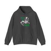 a dark gray hoodie with 'Irish I Had More Beer' text and a leprechaun graphic funny St Patricks Day pub crawl and parade design