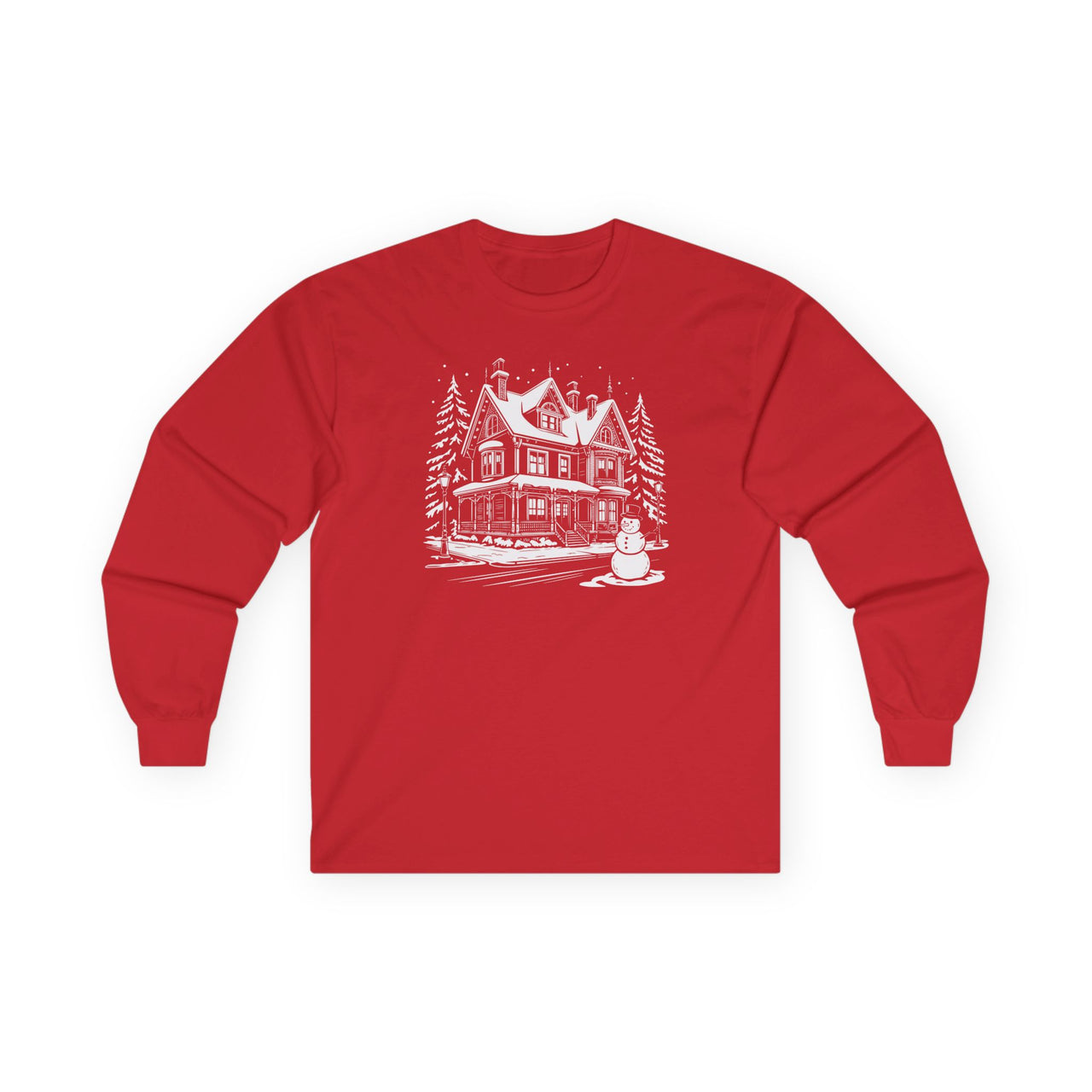 Snowy Mansion – Vintage Winter Holiday Long Sleeve Tee