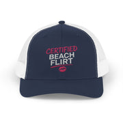  a navy and white trucker hat with 'Certified Beach Flirt' text funny spring break, girls trip beach trip, bachelorette party design
