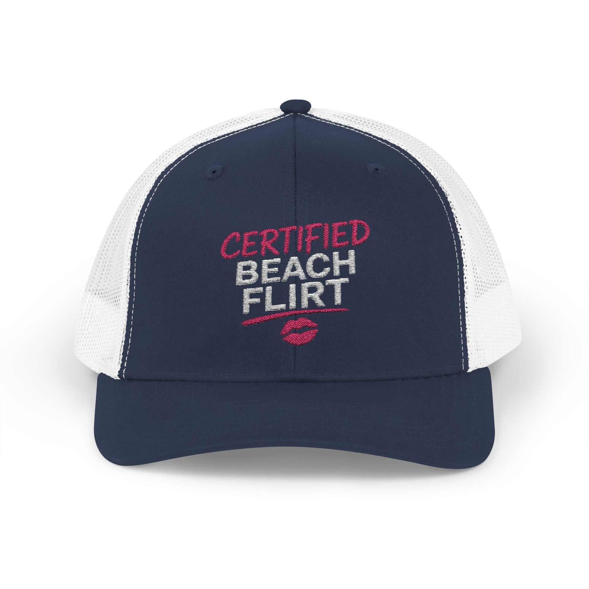  a navy and white trucker hat with 'Certified Beach Flirt' text funny spring break, girls trip beach trip, bachelorette party design
